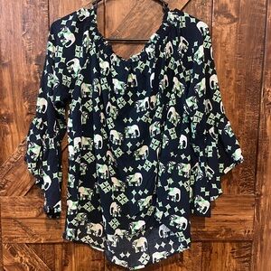 Crown and Ivy women’s navy blue and green elephant off the shoulder‎ blouse EUC